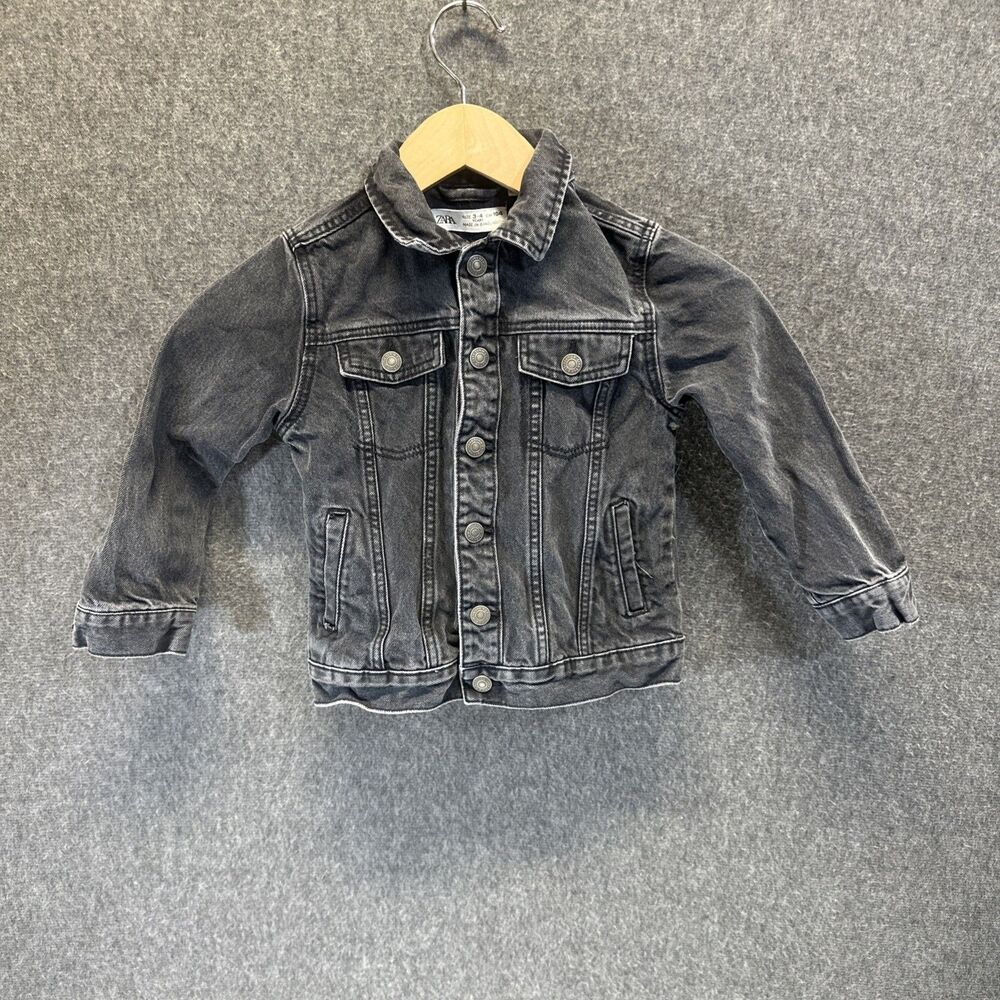 Zara Jacket Kids Denim Black Size 3T-4T Snap Button Front Pockets Long Sleeve